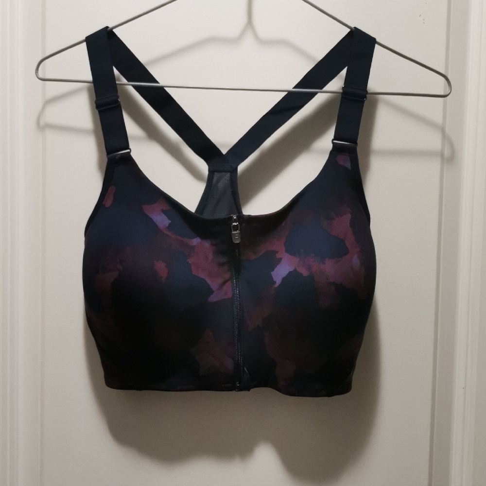 All in Motion Black and Purple Sports Bra. Zipper closer. 36D